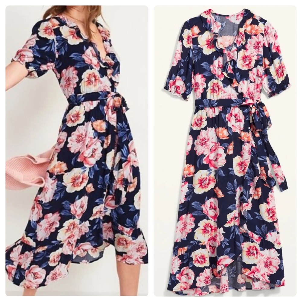 Old Navy Waist Defined Ruffled Tie Belt Midi Wrap Dress Navy Floral Small